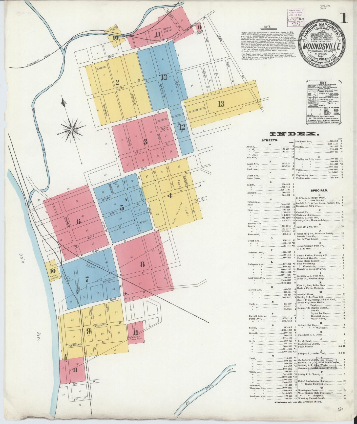 Sanborn Fire Insurance Map from Moundsville, Marshall County, West Virginia (1904), Sheet #0001 - Complete Map Set gallery image, historic Sanborn map, vintage wall art, West Virginia West Virginia
