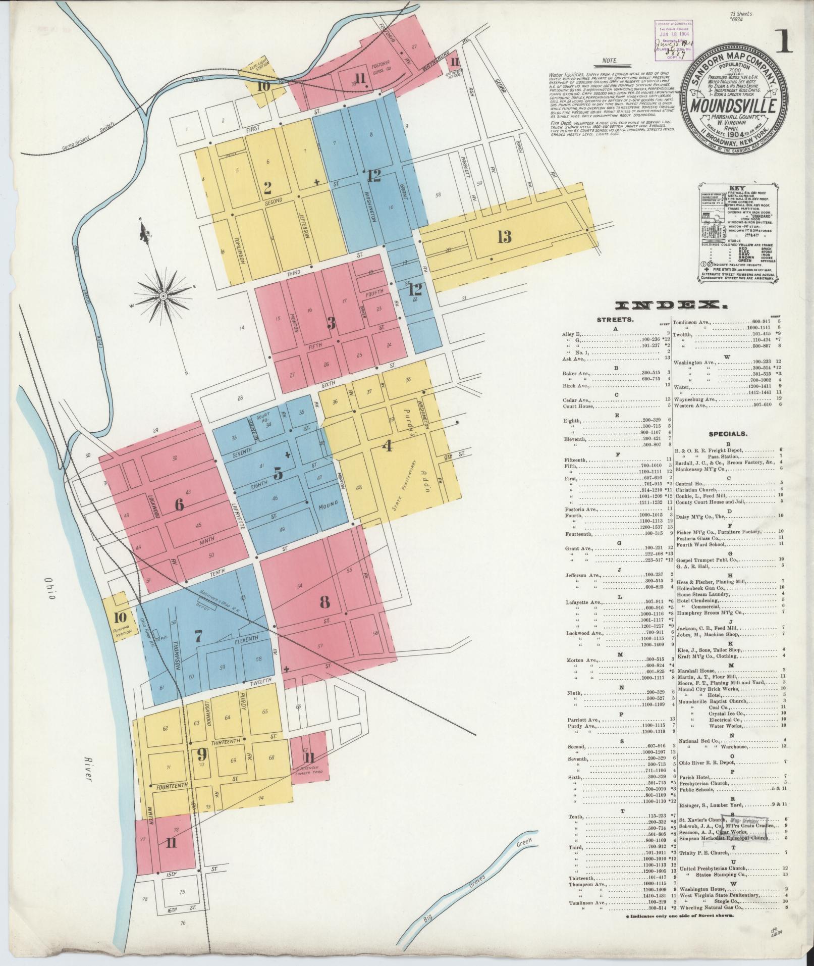Sanborn Fire Insurance Map from Moundsville, Marshall County, West Virginia (1904), Sheet #0001 - Complete Map Set gallery image, historic Sanborn map, vintage wall art, West Virginia West Virginia