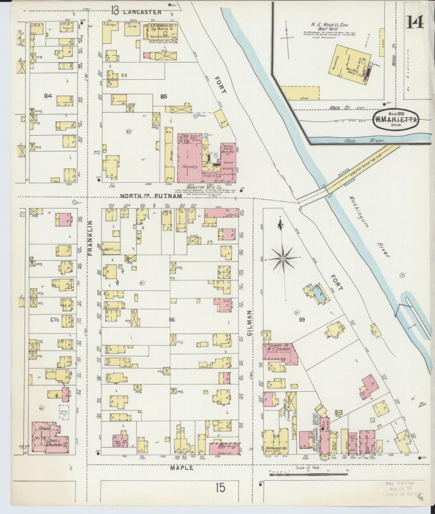 Sanborn Fire Insurance Map from Marietta, Washington County, Ohio (1896), Sheet #0014 - Historic Sanborn Fire Insurance Map Print, vintage old map wall art, antique decor, genealogy gift, Ohio Ohio map