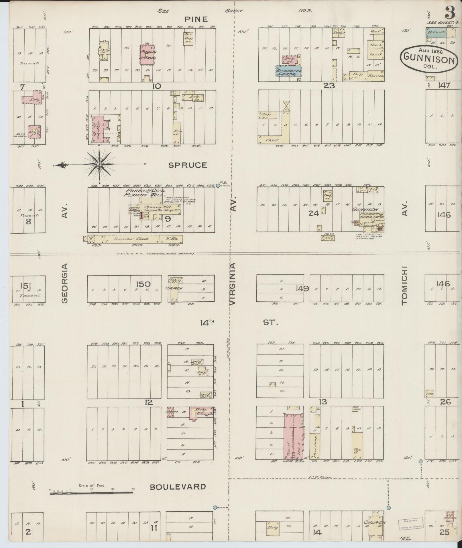 Sanborn Fire Insurance Map from Gunnison, Gunnison County, Colorado (1886), Sheet #0003 - Historic Sanborn Fire Insurance Map Print, vintage old map wall art, antique decor, genealogy gift, Colorado Colorado map