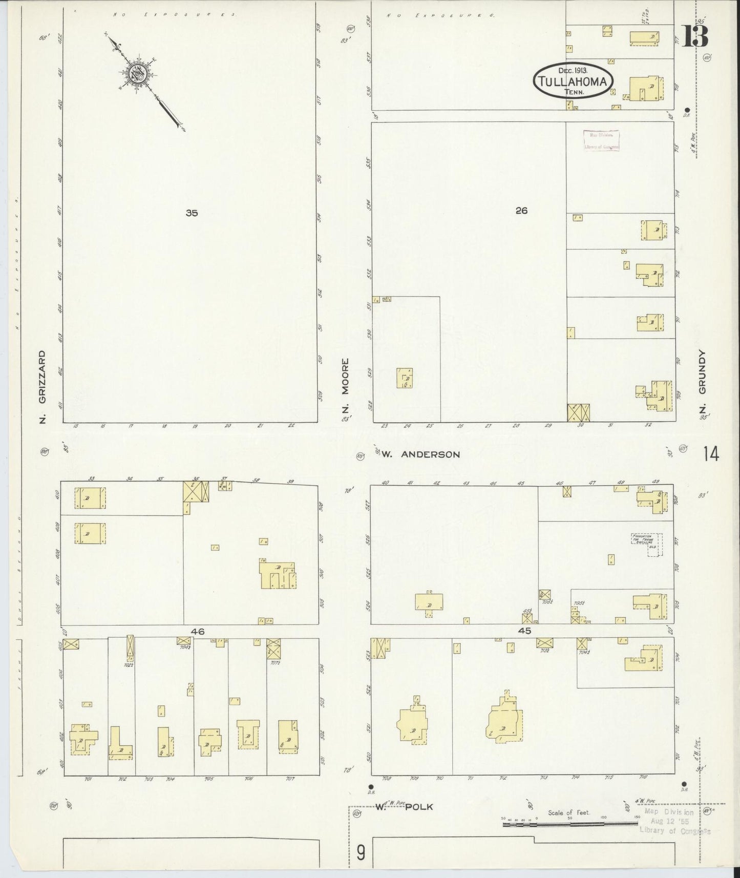 Sanborn Fire Insurance Map from Tullahoma, Coffee County, Tennessee (1913), Sheet #0013 - Complete Map Set gallery image, historic Sanborn map, vintage wall art, Tennessee Tennessee
