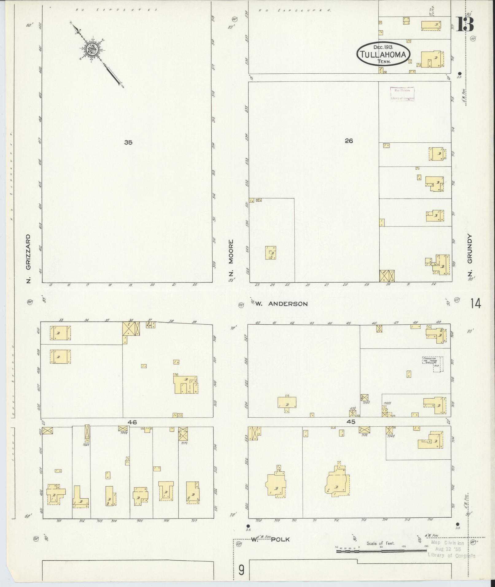 Sanborn Fire Insurance Map from Tullahoma, Coffee County, Tennessee (1913), Sheet #0013 - Complete Map Set gallery image, historic Sanborn map, vintage wall art, Tennessee Tennessee