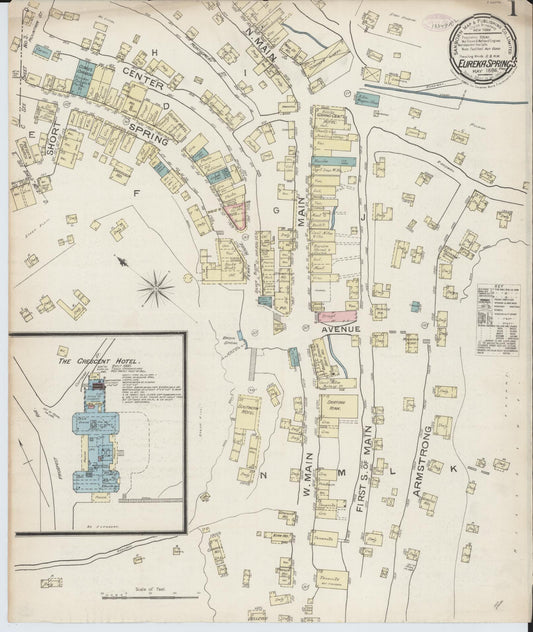 Sanborn Fire Insurance Map from Eureka Springs, Carroll County, Arkansas (1886), Sheet #0001 - Historic Sanborn Fire Insurance Map Print, vintage old map wall art, antique decor, genealogy gift, Arkansas Arkansas map
