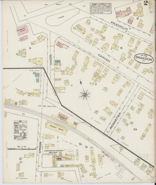 Sanborn Fire Insurance Map from Brandon, Rutland County, Vermont (1885), Sheet #0002 - Historic Sanborn Fire Insurance Map Print, vintage old map wall art, antique decor, genealogy gift, Vermont Vermont map