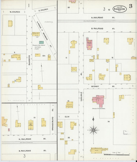 Sanborn Fire Insurance Map from Bamberg, Bamberg County, South Carolina (1904), Sheet #0003 - Historic Sanborn Fire Insurance Map Print, vintage old map wall art, antique decor, genealogy gift, South Carolina South Carolina map