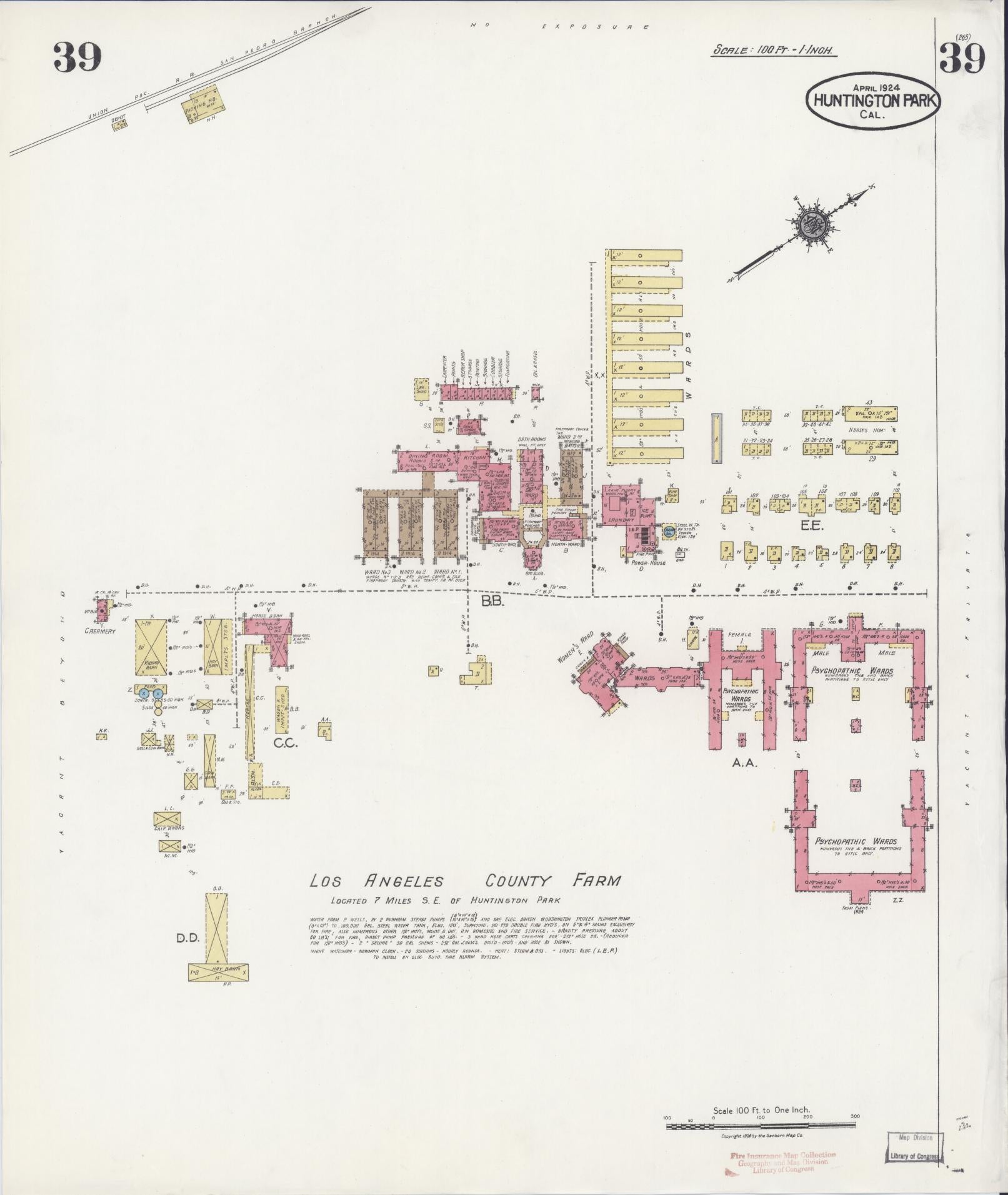 Sanborn Fire Insurance Map from Huntington Park, Los Angeles County, California (1924), Sheet #0039 - Historic Sanborn Fire Insurance Map Print, vintage old map wall art, antique decor, genealogy gift, California California map