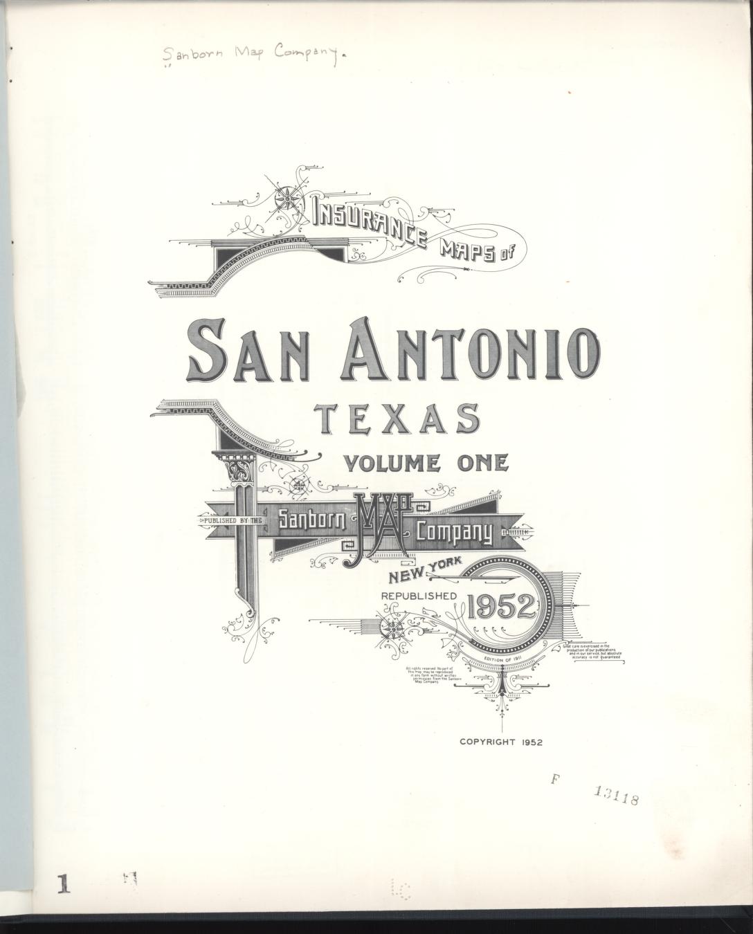 Sanborn Fire Insurance Map from San Antonio, Bexar County, Texas (1952), Sheet #0001 - Historic Sanborn Fire Insurance Map Print, vintage old map wall art, antique decor, genealogy gift, Texas Texas map