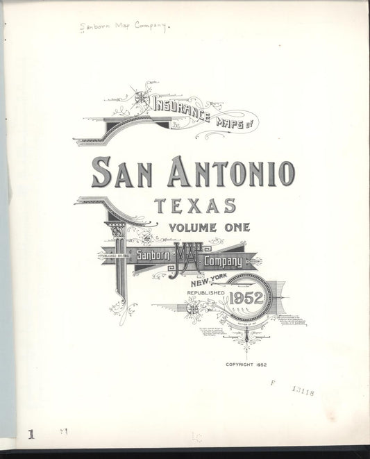 Sanborn Fire Insurance Map from San Antonio, Bexar County, Texas (1952), Sheet #0001 - Historic Sanborn Fire Insurance Map Print, vintage old map wall art, antique decor, genealogy gift, Texas Texas map