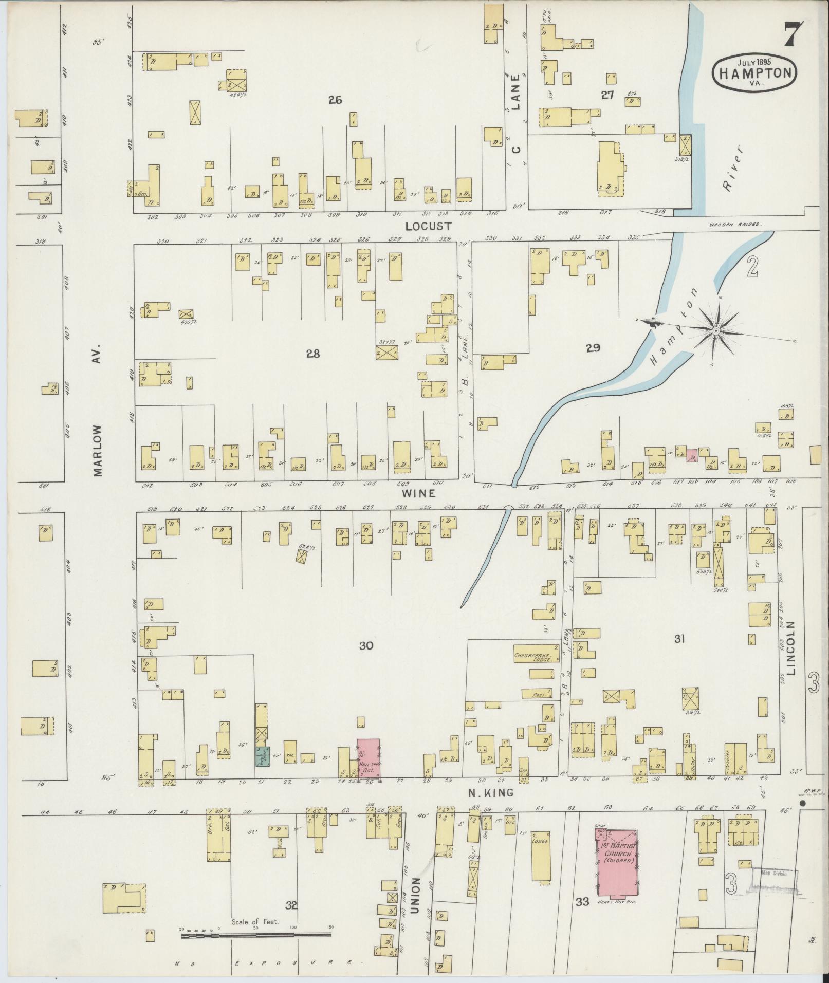 Sanborn Fire Insurance Map from Hampton, Independent Cities, Virginia (1895), Sheet #0007 - Complete Map Set gallery image, historic Sanborn map, vintage wall art, Virginia Virginia