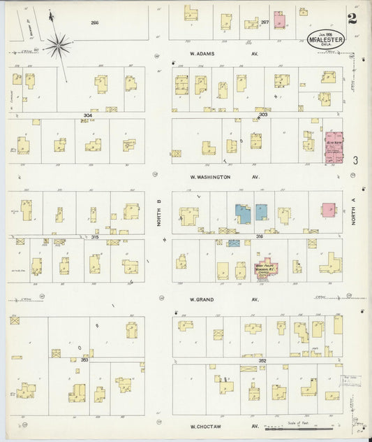Sanborn Fire Insurance Map from McAlester, Pittsburg County, Oklahoma (1908), Sheet #0002 - Historic Sanborn Fire Insurance Map Print, vintage old map wall art, antique decor, genealogy gift, Oklahoma Oklahoma map