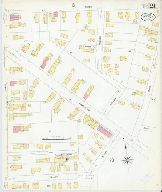 Sanborn Fire Insurance Map from Keene, Cheshire County, New Hampshire (1908), Sheet #0021 - Historic Sanborn Fire Insurance Map Print, vintage old map wall art, antique decor, genealogy gift, New Hampshire New Hampshire map
