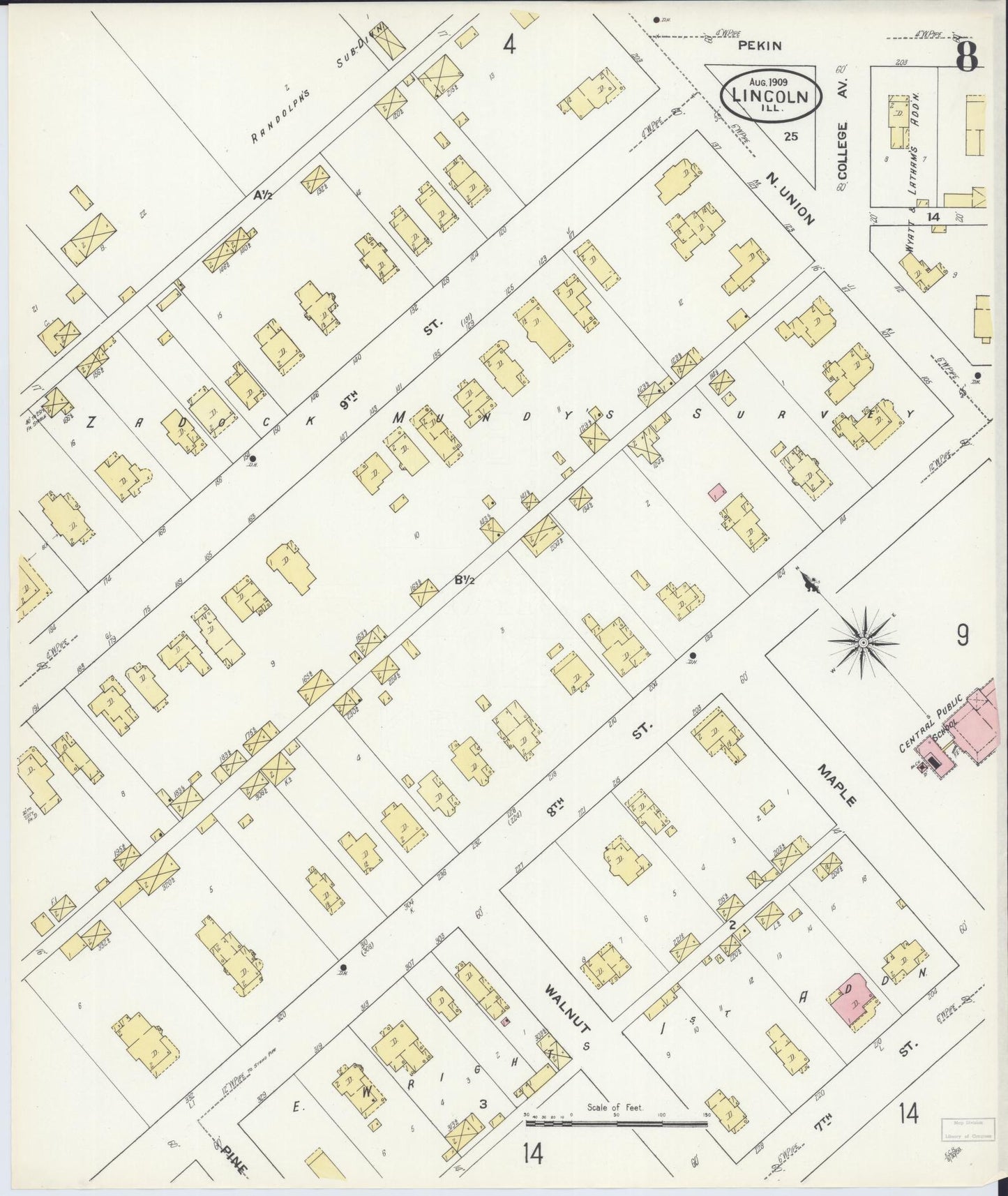Sanborn Fire Insurance Map from Lincoln, Logan County, Illinois (1909), Sheet #0008 - Historic Sanborn Fire Insurance Map Print, vintage old map wall art, antique decor, genealogy gift, Illinois Illinois map