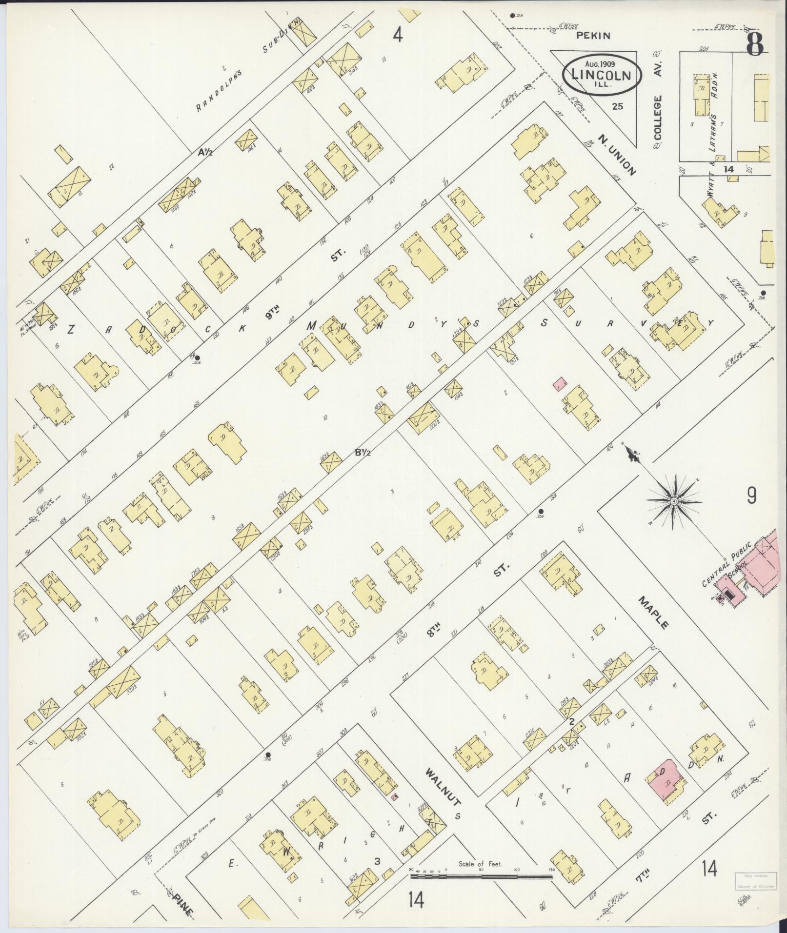 Sanborn Fire Insurance Map from Lincoln, Logan County, Illinois (1909), Sheet #0008 - Historic Sanborn Fire Insurance Map Print, vintage old map wall art, antique decor, genealogy gift, Illinois Illinois map
