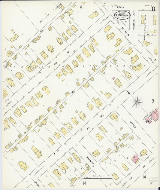 Sanborn Fire Insurance Map from Lincoln, Logan County, Illinois (1909), Sheet #0008 - Historic Sanborn Fire Insurance Map Print, vintage old map wall art, antique decor, genealogy gift, Illinois Illinois map