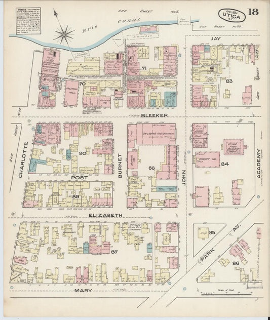 Sanborn Fire Insurance Map from Utica, Oneida County, New York (1884), Sheet #0018 - Historic Sanborn Fire Insurance Map Print, vintage old map wall art, antique decor, genealogy gift, New York New York map