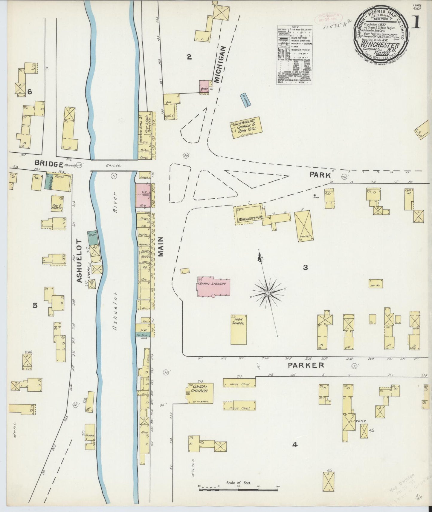 Sanborn Fire Insurance Map from Winchester, Cheshire County, New Hampshire (1892), Sheet #0001 - Complete Map Set gallery image, historic Sanborn map, vintage wall art, New Hampshire New Hampshire
