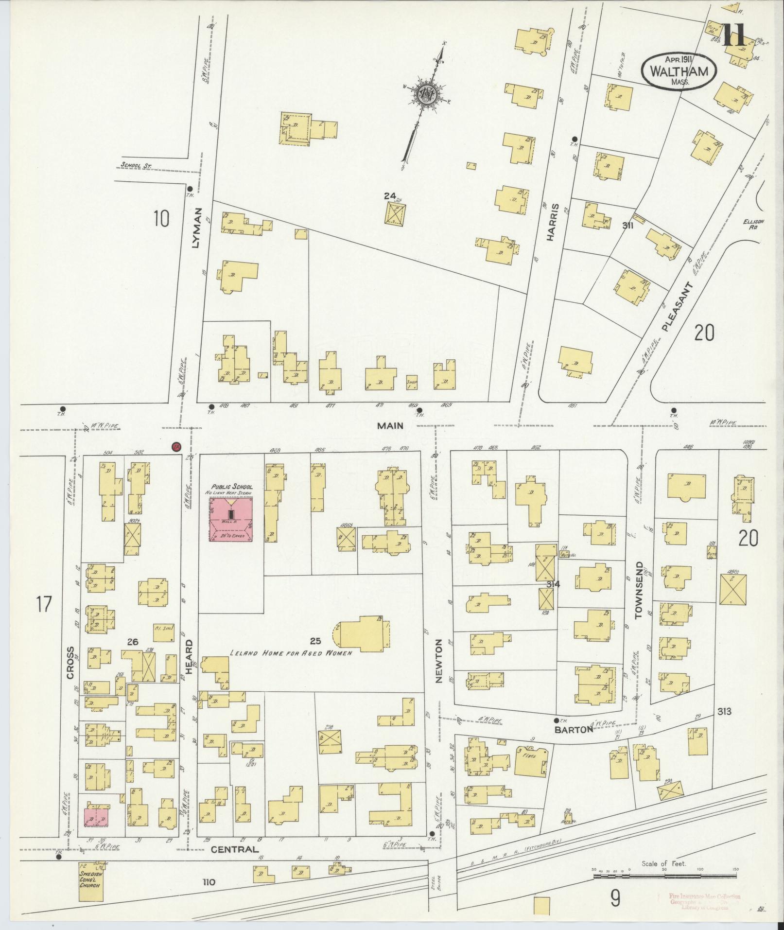 Sanborn Fire Insurance Map from Waltham, Middlesex County, Massachusetts (1911), Sheet #0011 - Complete Map Set gallery image, historic Sanborn map, vintage wall art, Massachusetts Massachusetts