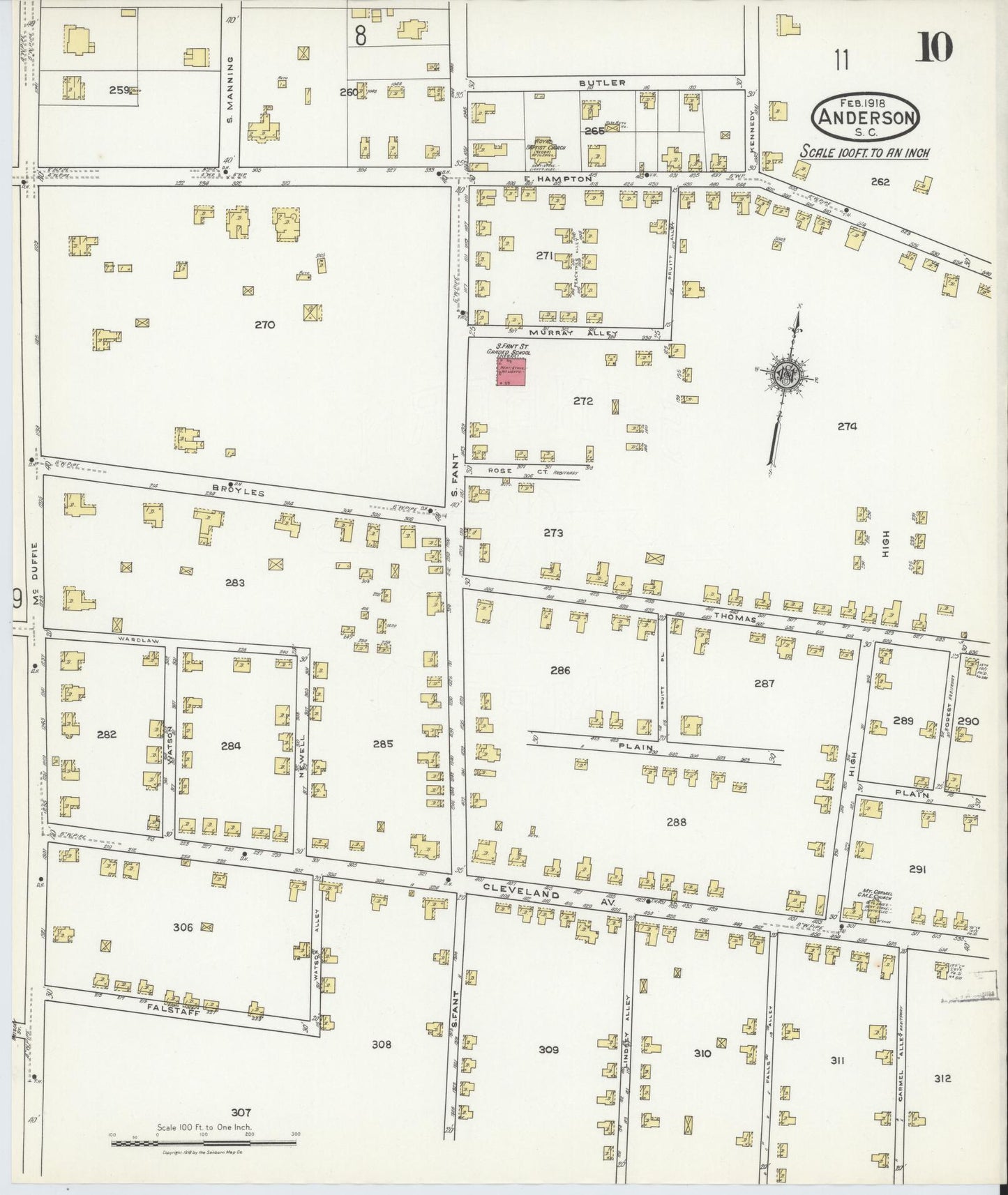 Sanborn Fire Insurance Map from Anderson, Anderson County, South Carolina (1918), Sheet #0010 - Historic Sanborn Fire Insurance Map Print, vintage old map wall art, antique decor, genealogy gift, South Carolina South Carolina map