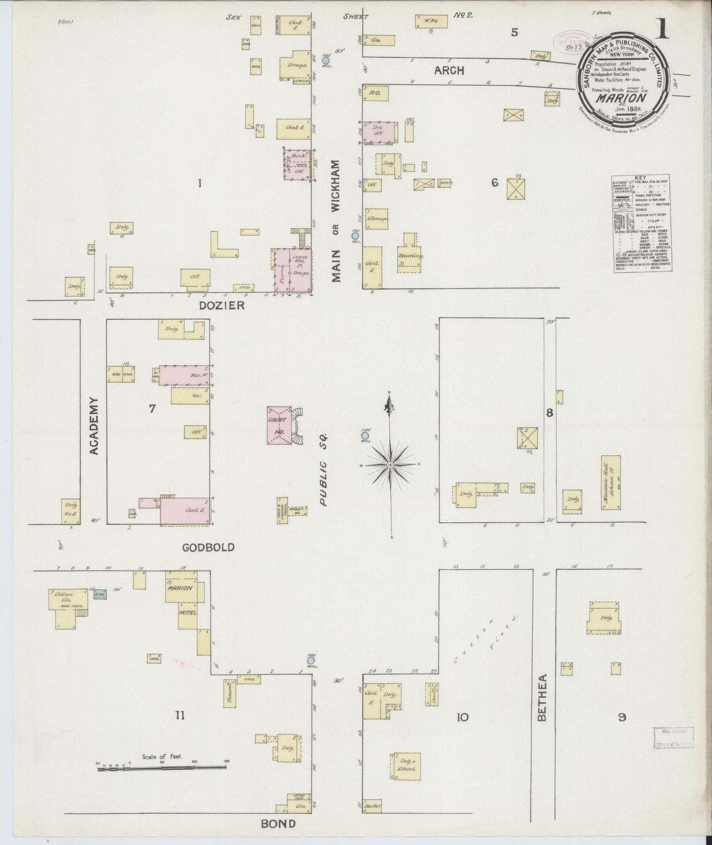 Sanborn Fire Insurance Map from Marion, Marion County, South Carolina (1889), Sheet #0001 - Complete Map Set gallery image, historic Sanborn map, vintage wall art, South Carolina South Carolina