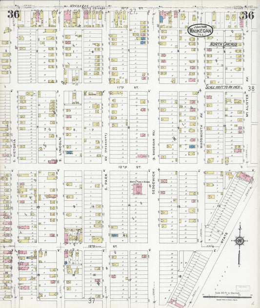 Sanborn Fire Insurance Map from Waukegan, Lake County, Illinois (1924), Sheet #0036 - Historic Sanborn Fire Insurance Map Print, vintage old map wall art, antique decor, genealogy gift, Illinois Illinois map