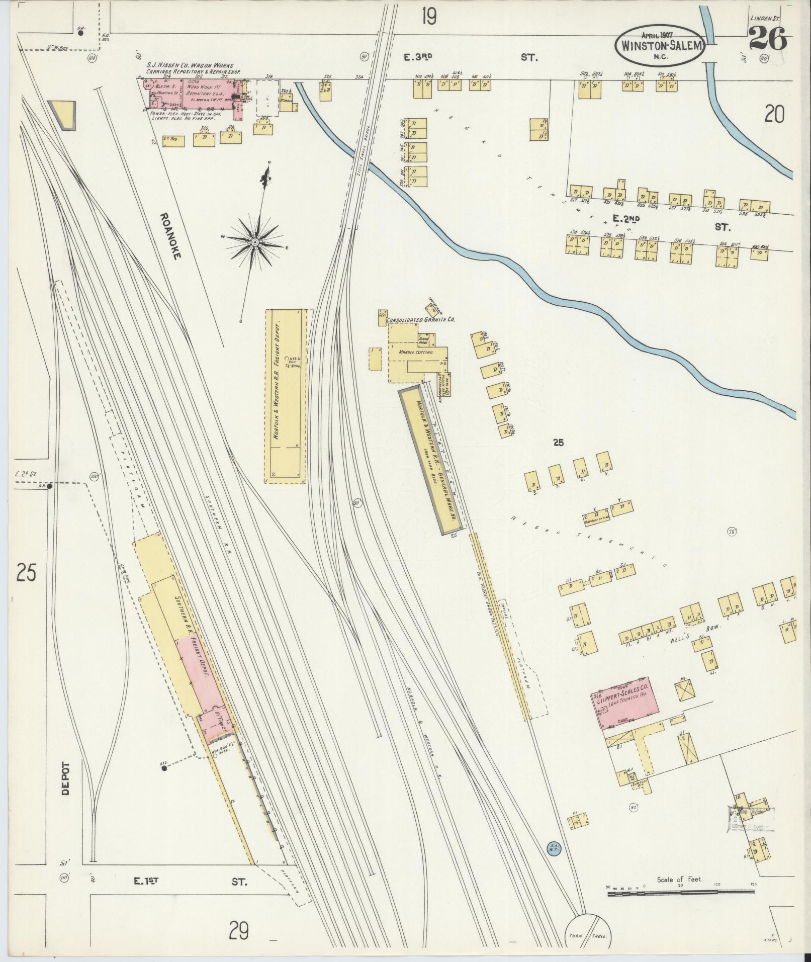 Sanborn Fire Insurance Map from Winston-Salem, Forsyth County, North Carolina (1907), Sheet #0026 - Complete Map Set gallery image, historic Sanborn map, vintage wall art, North Carolina North Carolina