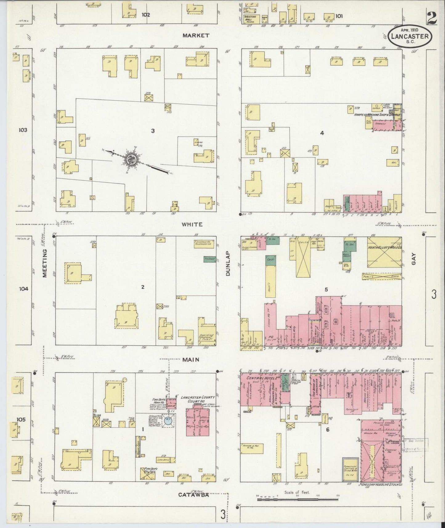 Sanborn Fire Insurance Map from Lancaster, Lancaster County, South Carolina (1910), Sheet #0002 - Complete Map Set gallery image, historic Sanborn map, vintage wall art, South Carolina South Carolina