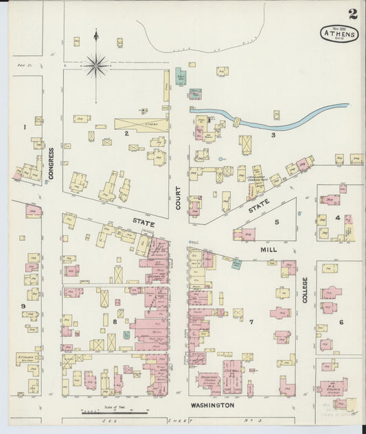 Sanborn Fire Insurance Map from Athens, Athens County, Ohio (1890), Sheet #0002 - Historic Sanborn Fire Insurance Map Print, vintage old map wall art, antique decor, genealogy gift, Ohio Ohio map