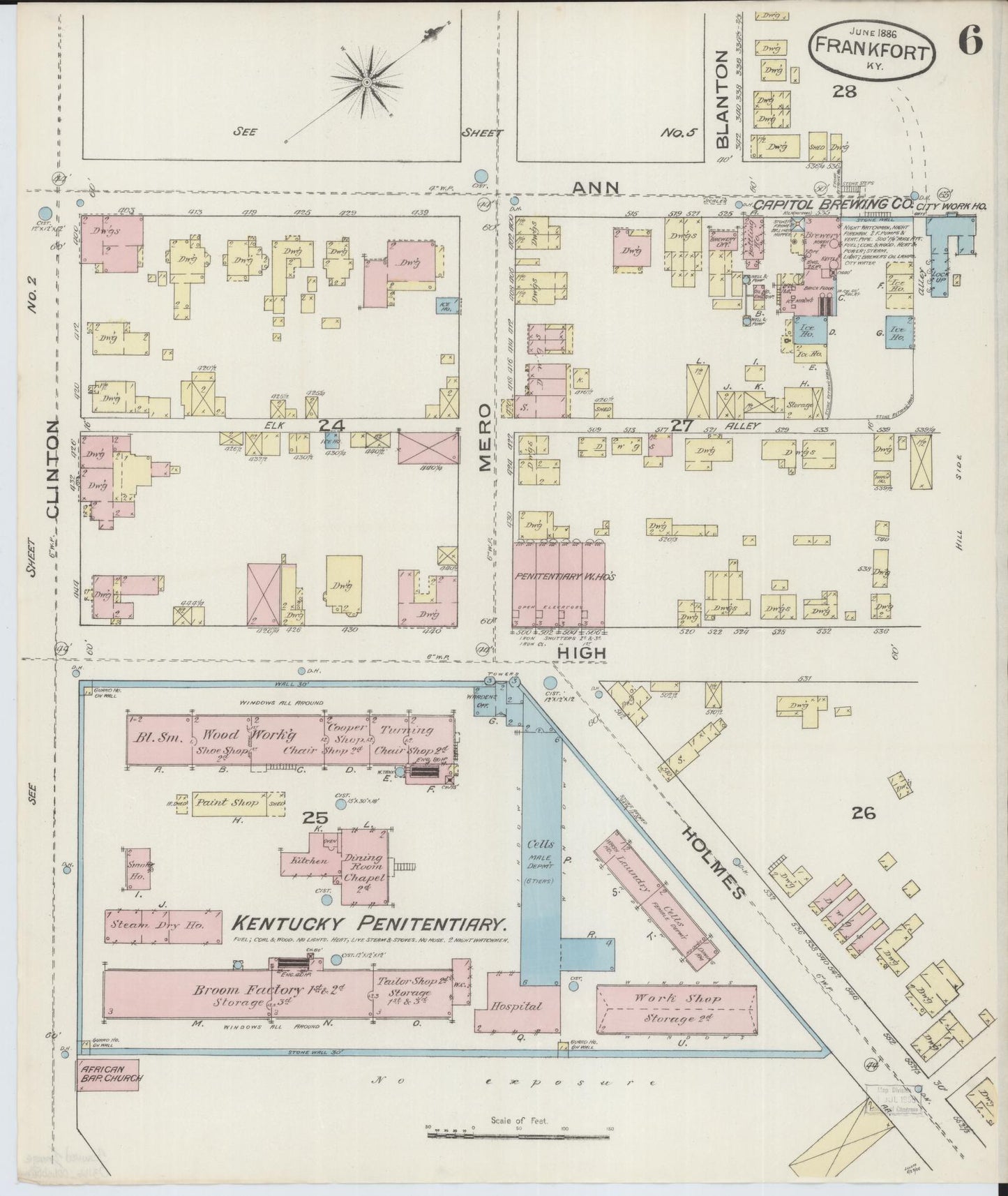 Sanborn Fire Insurance Map from Frankfort, Franklin County, Kentucky (1886), Sheet #0006 - Historic Sanborn Fire Insurance Map Print, vintage old map wall art, antique decor, genealogy gift, Kentucky Kentucky map