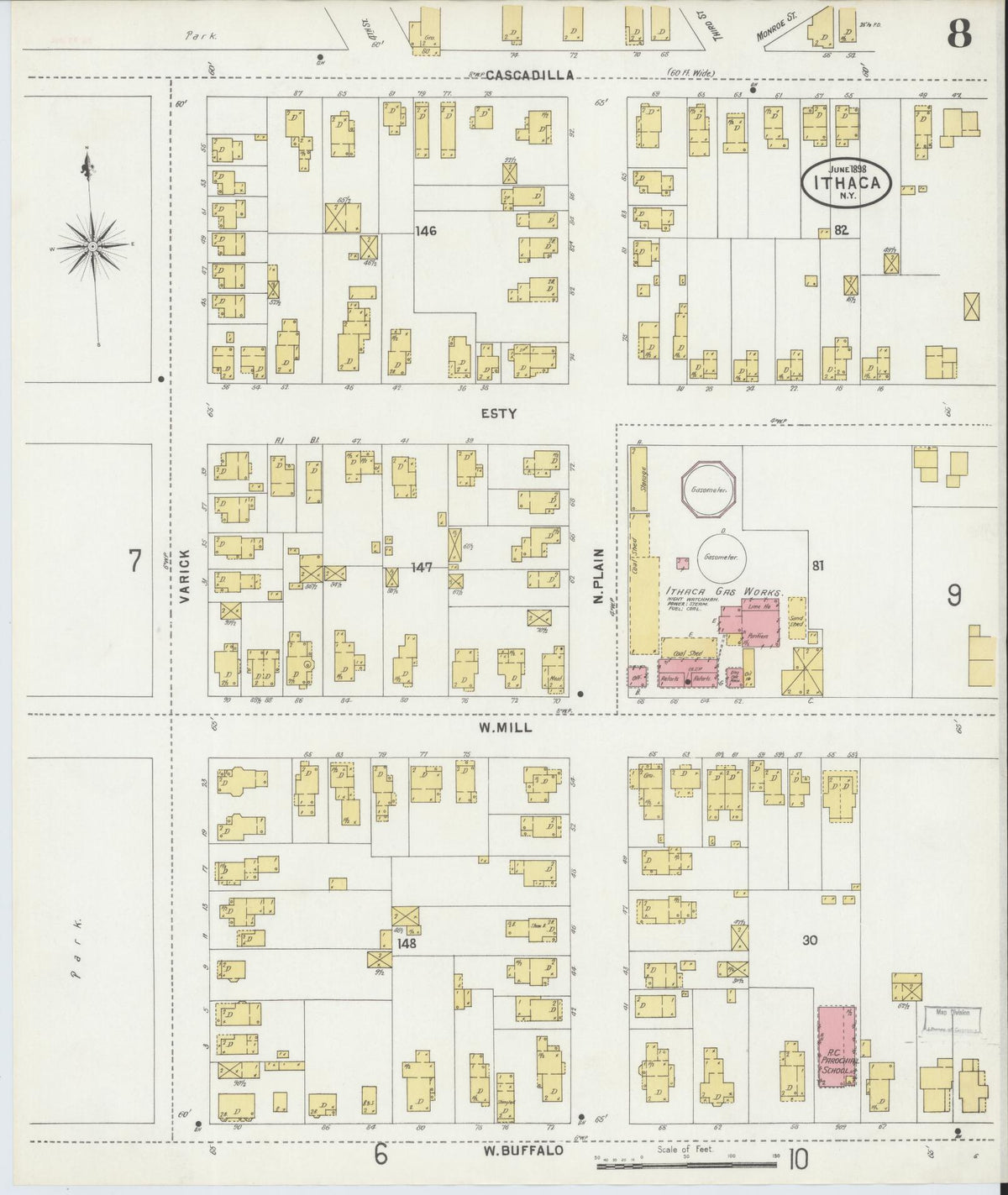 Sanborn Fire Insurance Map from Ithaca, Tompkins County, New York (1898), Sheet #0008 - Complete Map Set gallery image, historic Sanborn map, vintage wall art, New York New York