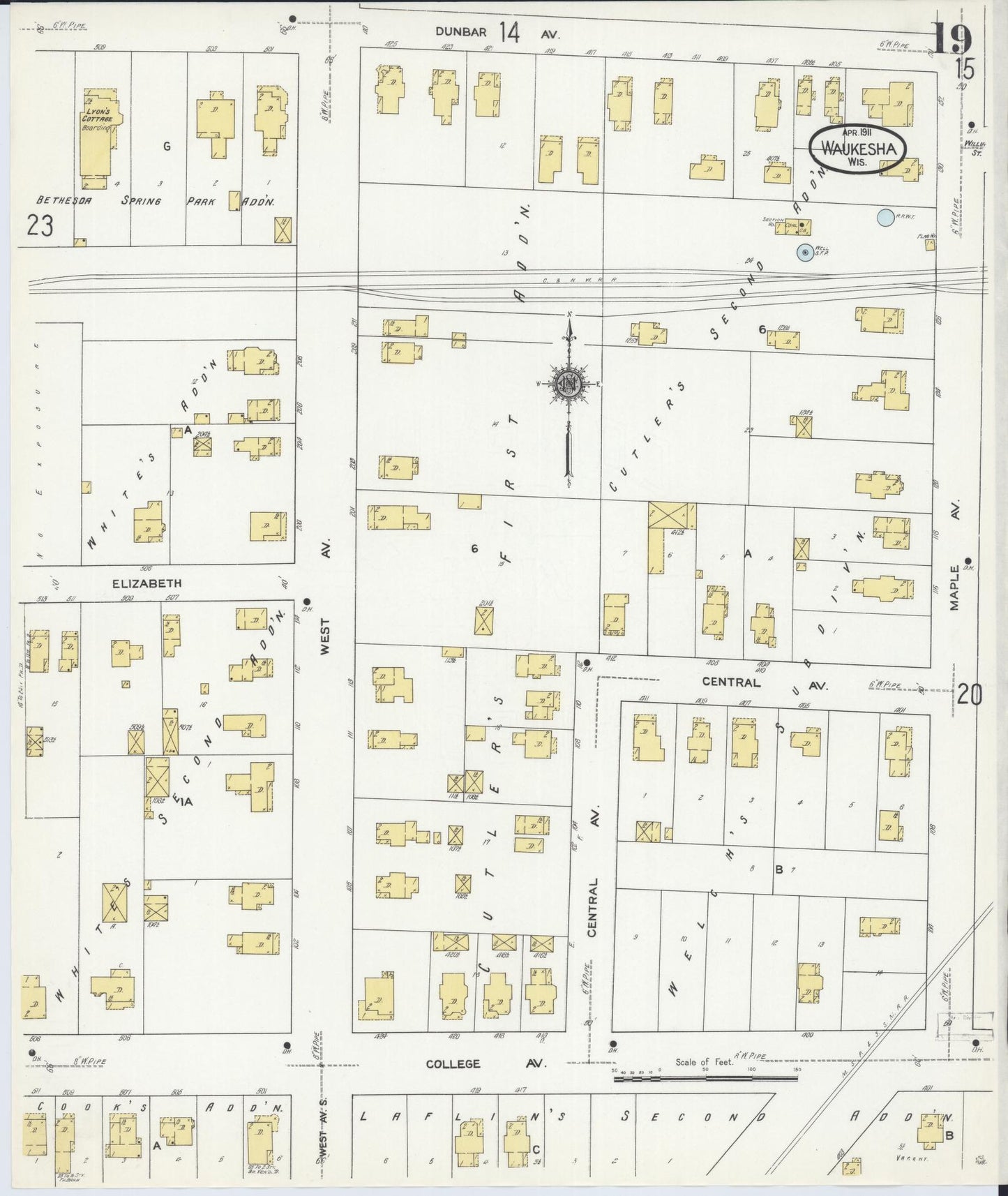 Sanborn Fire Insurance Map from Waukesha, Waukesha County, Wisconsin (1911), Sheet #0019 - Complete Map Set gallery image, historic Sanborn map, vintage wall art, Wisconsin Wisconsin