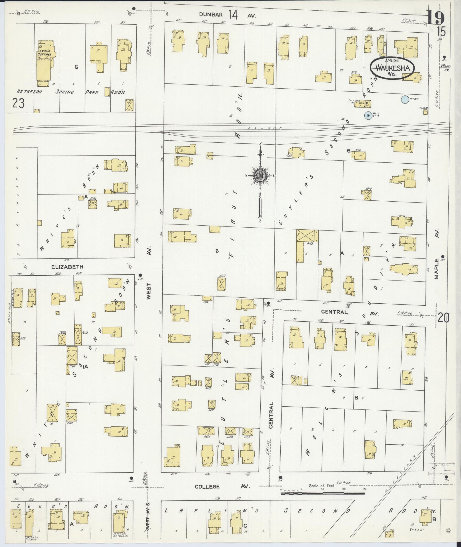 Sanborn Fire Insurance Map from Waukesha, Waukesha County, Wisconsin (1911), Sheet #0019 - Complete Map Set gallery image, historic Sanborn map, vintage wall art, Wisconsin Wisconsin