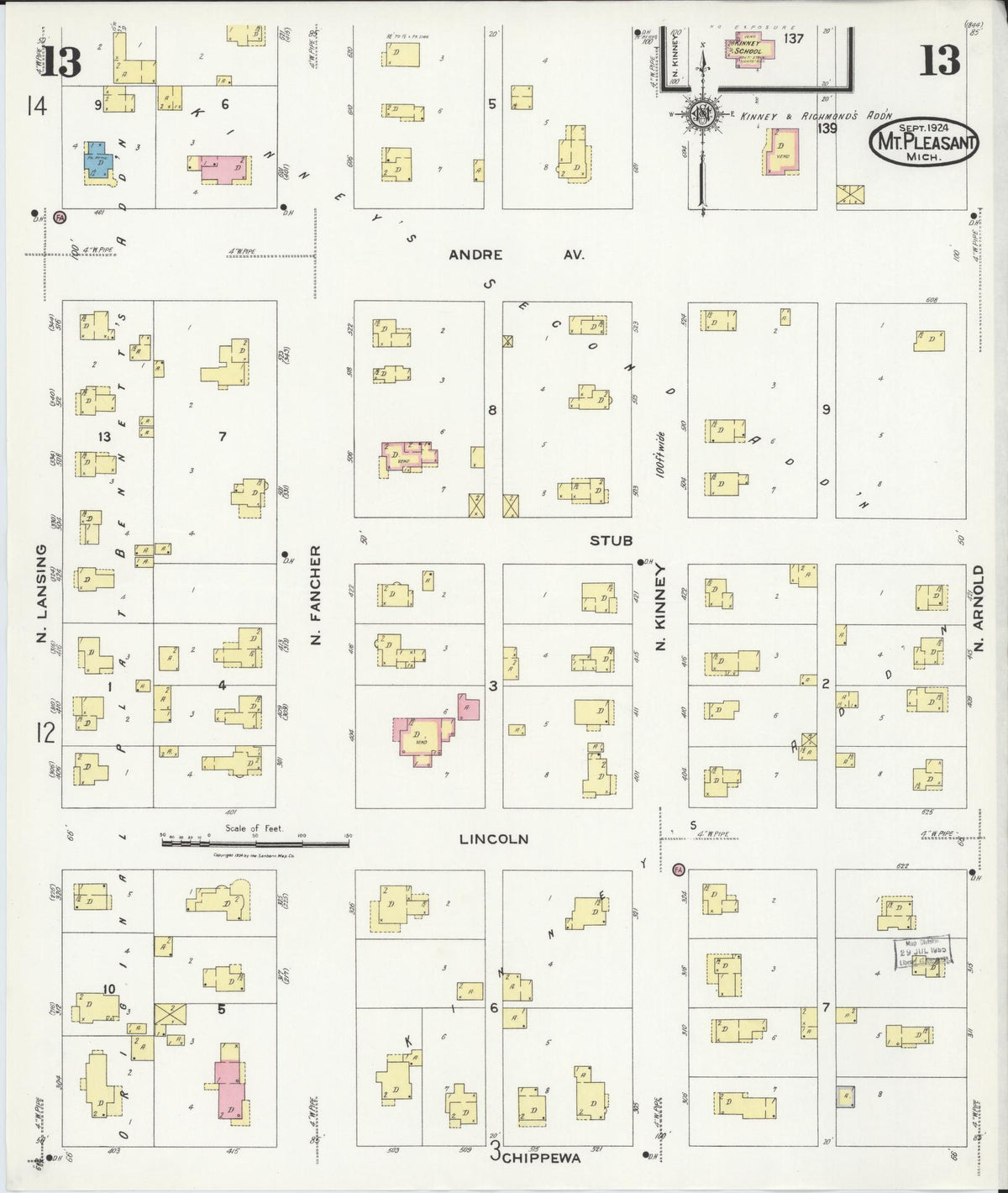 Sanborn Fire Insurance Map from Mount Pleasant, Isabella County, Michigan (1924), Sheet #0013 - Historic Sanborn Fire Insurance Map Print, vintage old map wall art, antique decor, genealogy gift, Michigan Michigan map