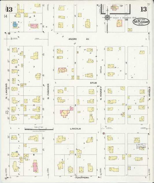 Sanborn Fire Insurance Map from Mount Pleasant, Isabella County, Michigan (1924), Sheet #0013 - Historic Sanborn Fire Insurance Map Print, vintage old map wall art, antique decor, genealogy gift, Michigan Michigan map