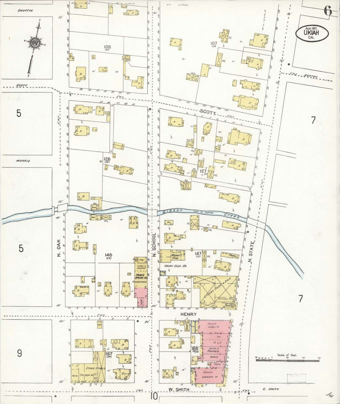 Sanborn Fire Insurance Map from Ukiah, Mendocino County, California (1911), Sheet #0006 - Complete Map Set gallery image, historic Sanborn map, vintage wall art, California California