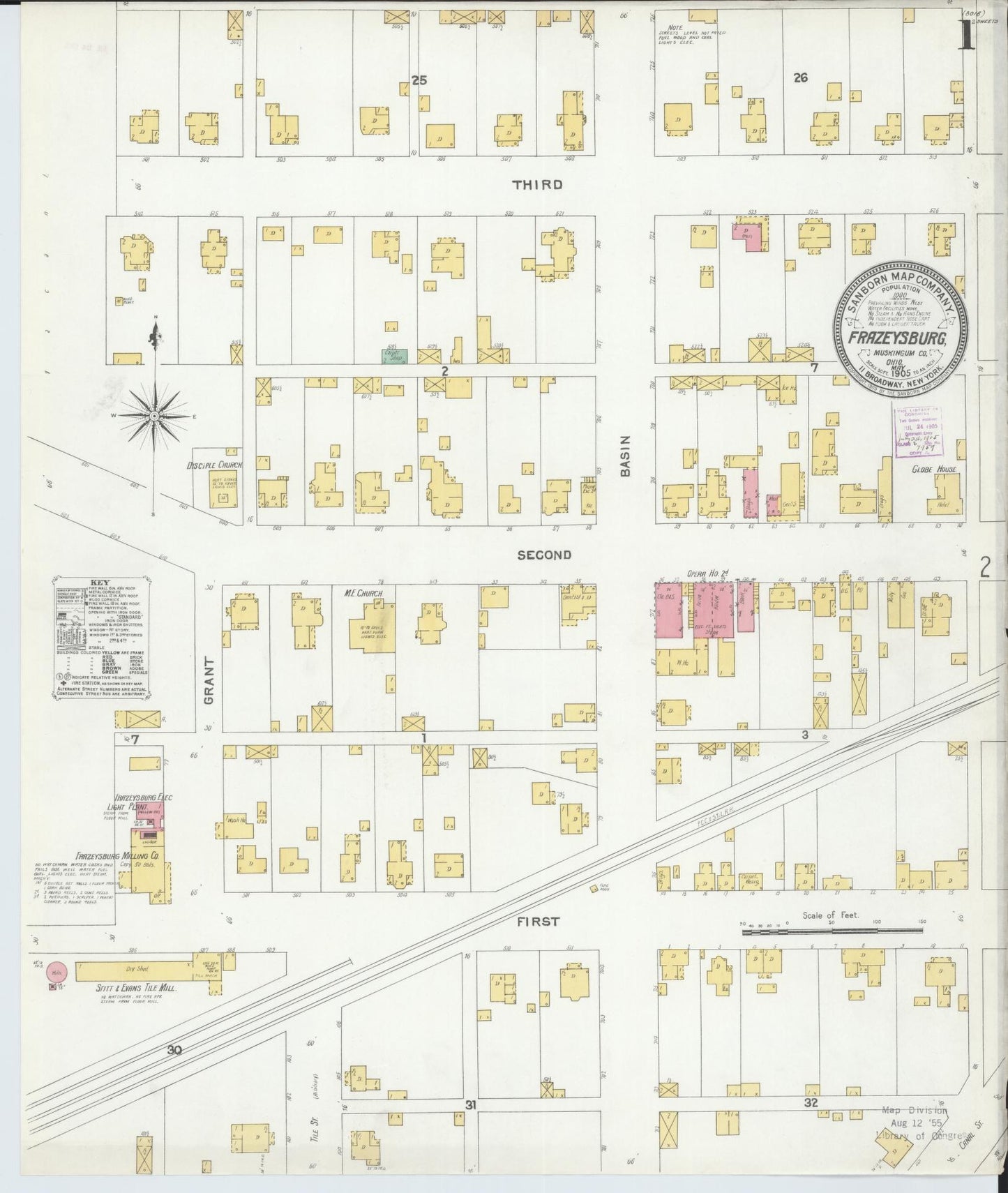 Sanborn Fire Insurance Map from Frazeysburg, Muskingum County, Ohio (1905), Sheet #0001 - Historic Sanborn Fire Insurance Map Print, vintage old map wall art, antique decor, genealogy gift, Ohio Ohio map