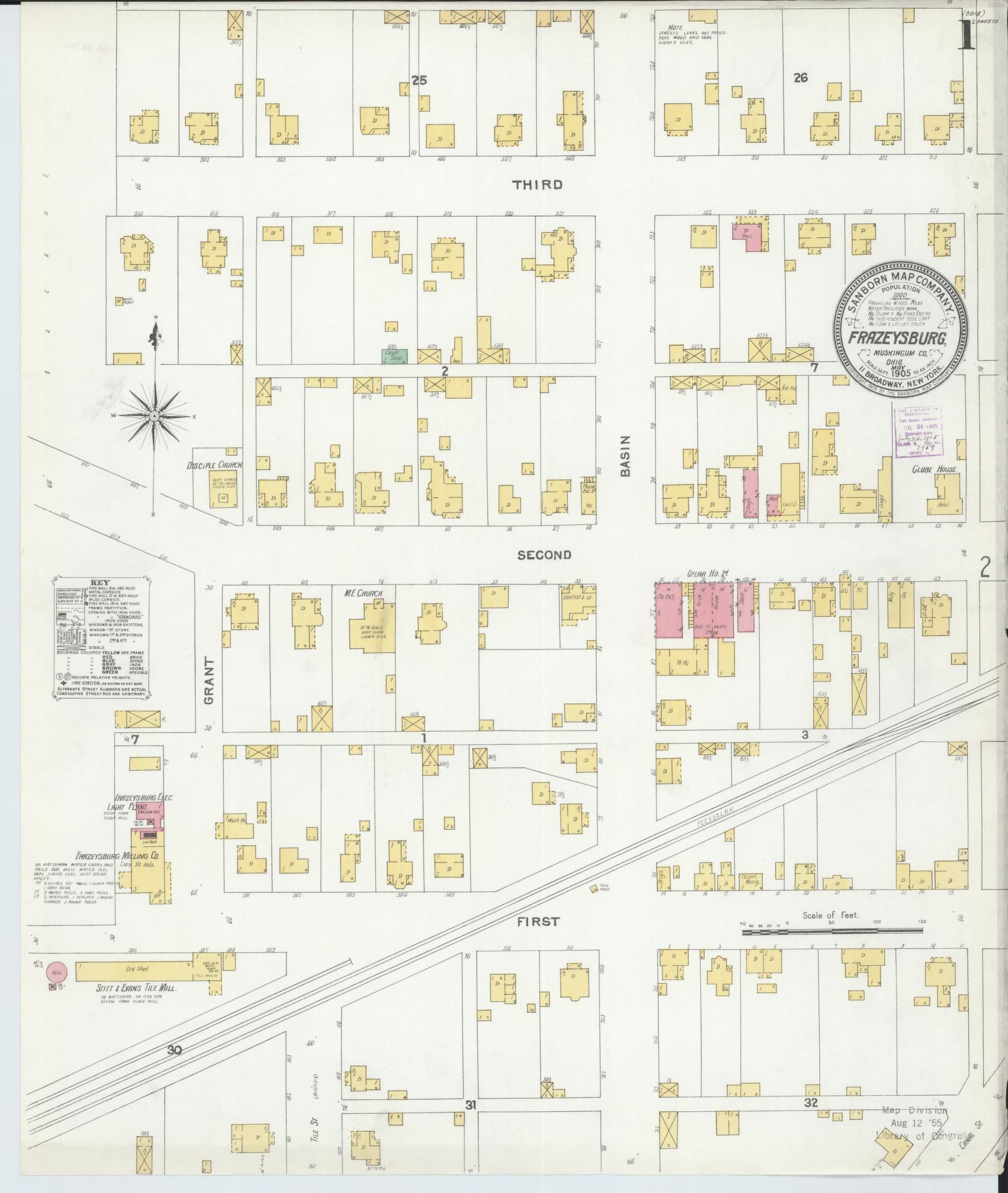 Sanborn Fire Insurance Map from Frazeysburg, Muskingum County, Ohio (1905), Sheet #0001 - Historic Sanborn Fire Insurance Map Print, vintage old map wall art, antique decor, genealogy gift, Ohio Ohio map
