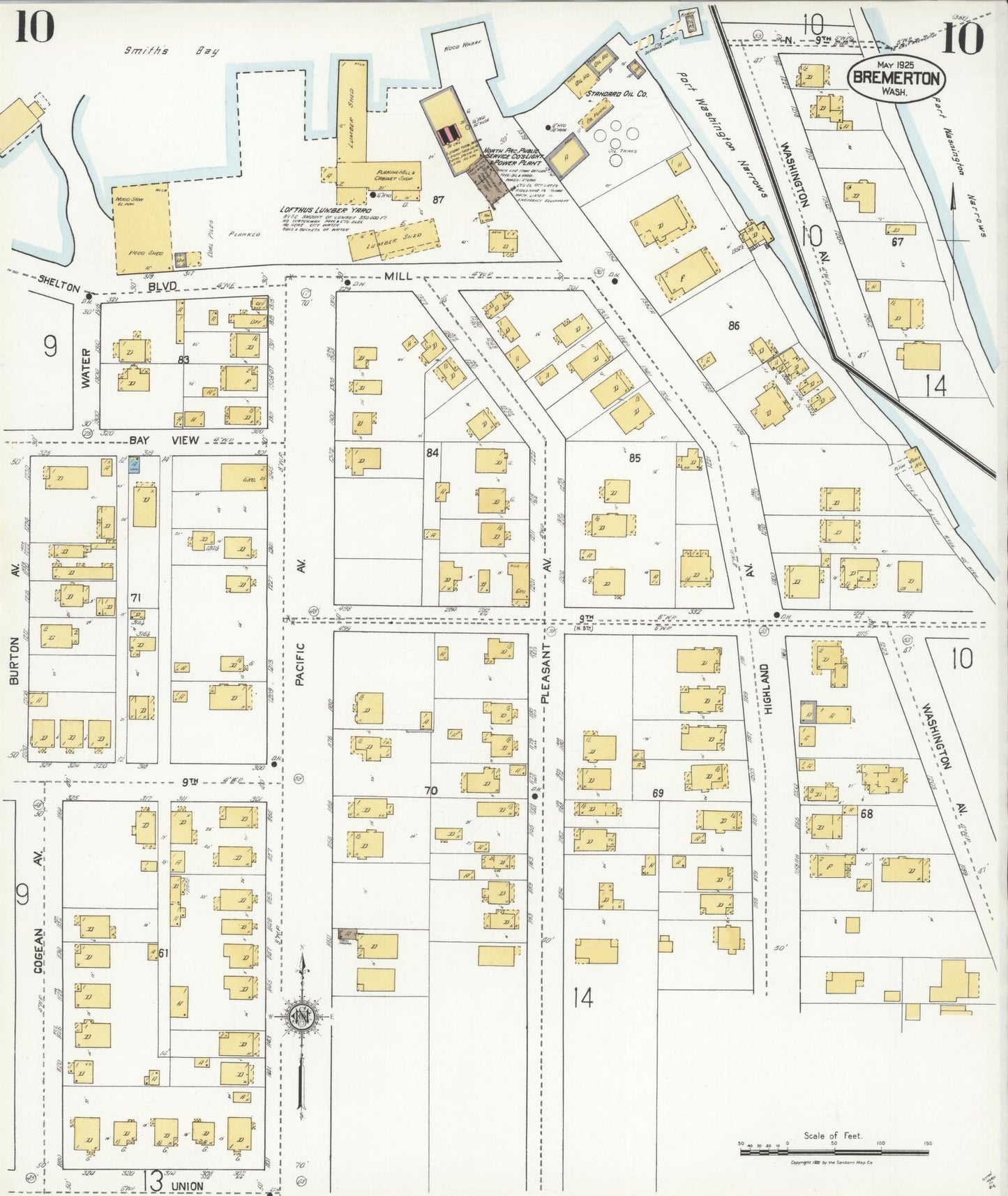 Sanborn Fire Insurance Map from Bremerton, Kitsap County, Washington (1925), Sheet #0010 - Complete Map Set gallery image, historic Sanborn map, vintage wall art, Washington Washington