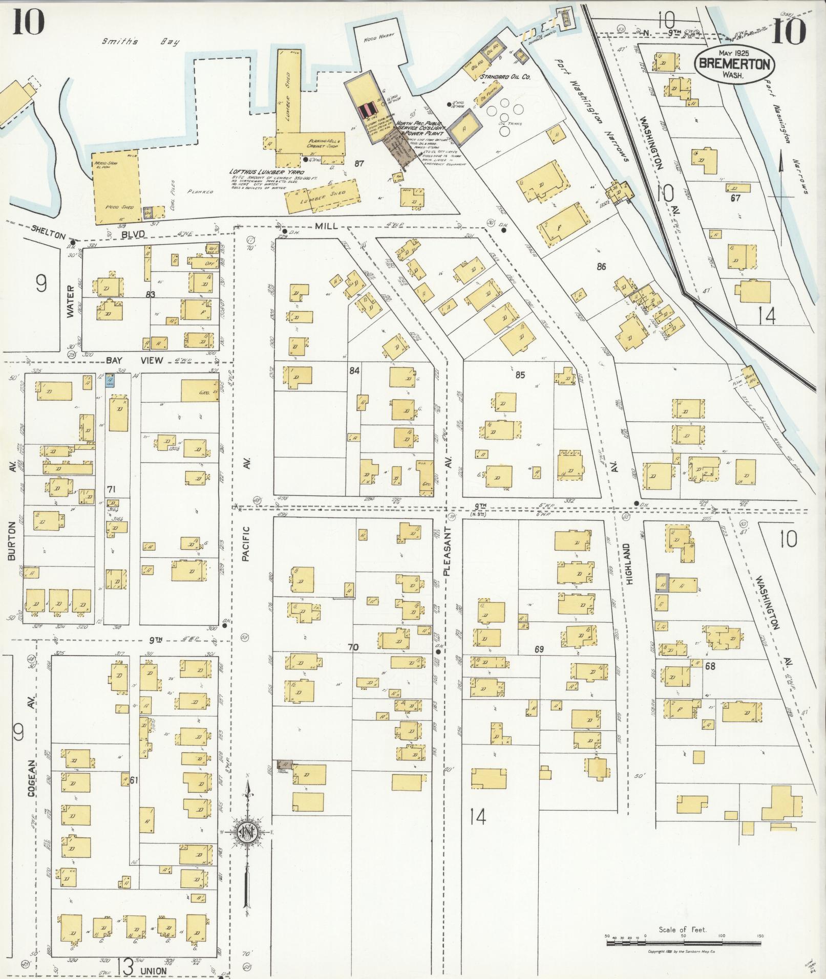 Sanborn Fire Insurance Map from Bremerton, Kitsap County, Washington (1925), Sheet #0010 - Complete Map Set gallery image, historic Sanborn map, vintage wall art, Washington Washington