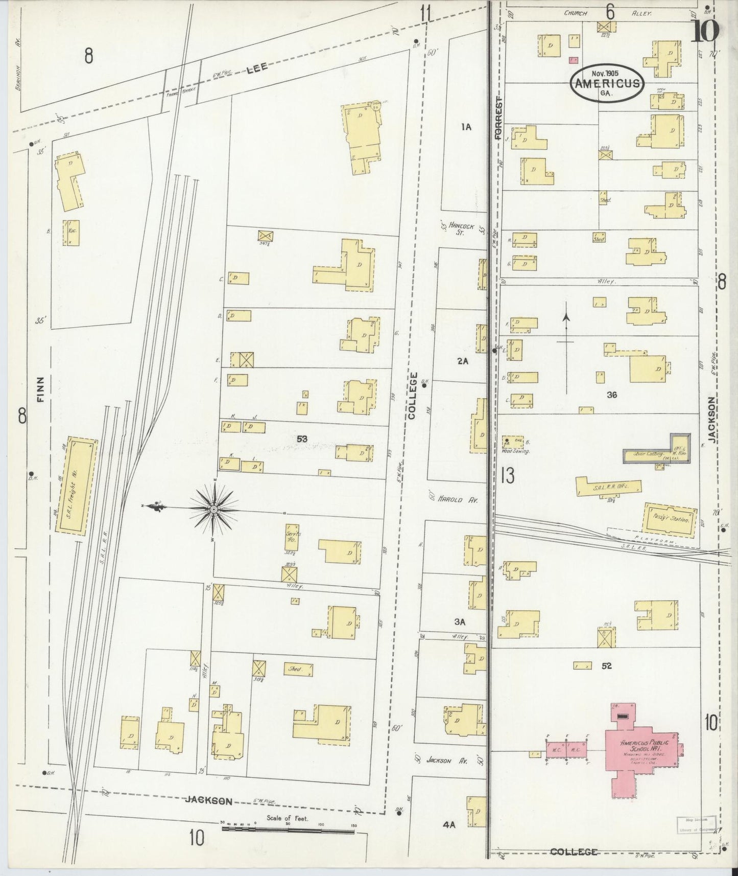 Sanborn Fire Insurance Map from Americus, Sumter County, Georgia (1905), Sheet #0010 - Historic Sanborn Fire Insurance Map Print, vintage old map wall art, antique decor, genealogy gift, Georgia Georgia map