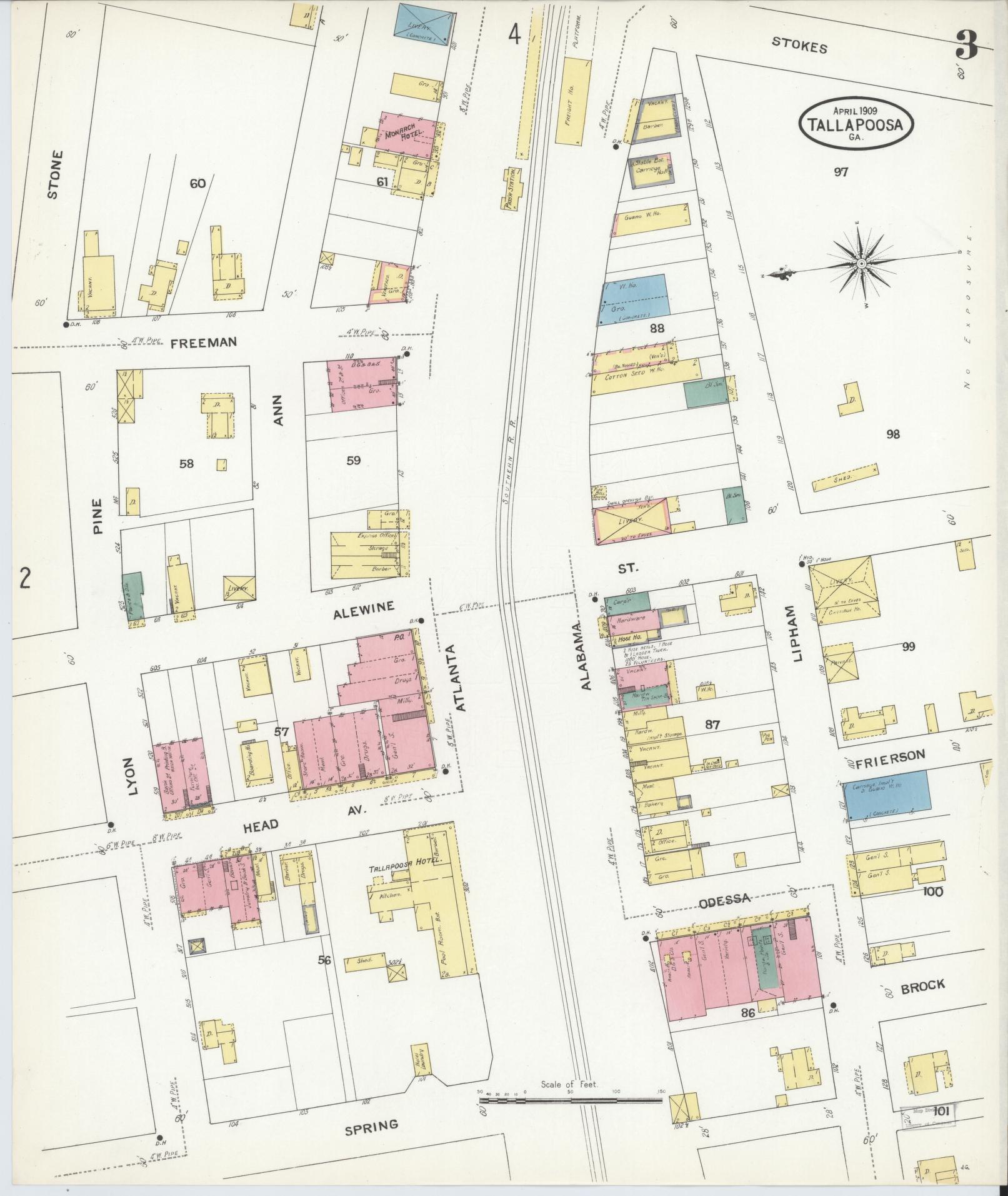 Sanborn Fire Insurance Map from Tallapoosa, Haralson County, Georgia (1909), Sheet #0003 - Complete Map Set gallery image, historic Sanborn map, vintage wall art, Georgia Georgia
