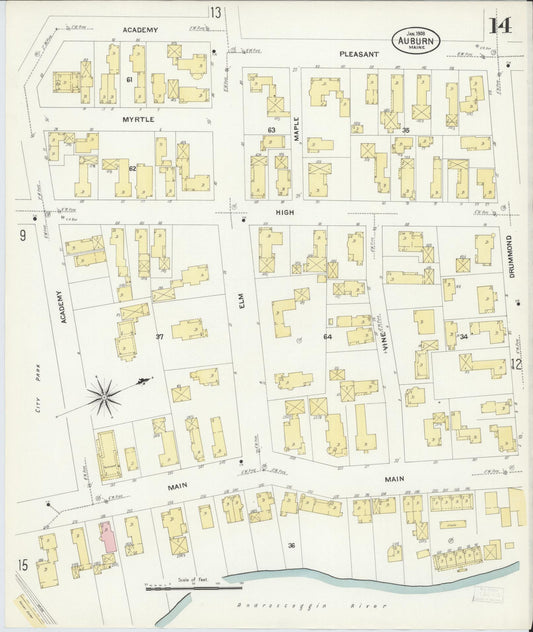Sanborn Fire Insurance Map from Auburn, Androscoggin County, Maine (1908), Sheet #0014 - Historic Sanborn Fire Insurance Map Print, vintage old map wall art, antique decor, genealogy gift, Maine Maine map