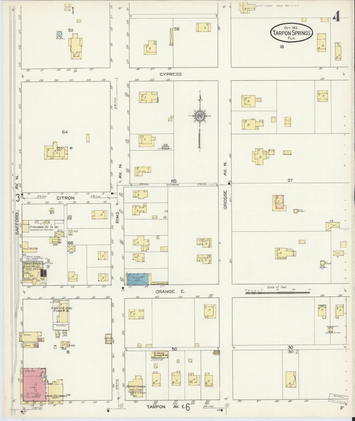 Sanborn Fire Insurance Map from Tarpon Springs, Pinellas County, Florida (1913), Sheet #0004 - Historic Sanborn Fire Insurance Map Print, vintage old map wall art, antique decor, genealogy gift, Florida Florida map