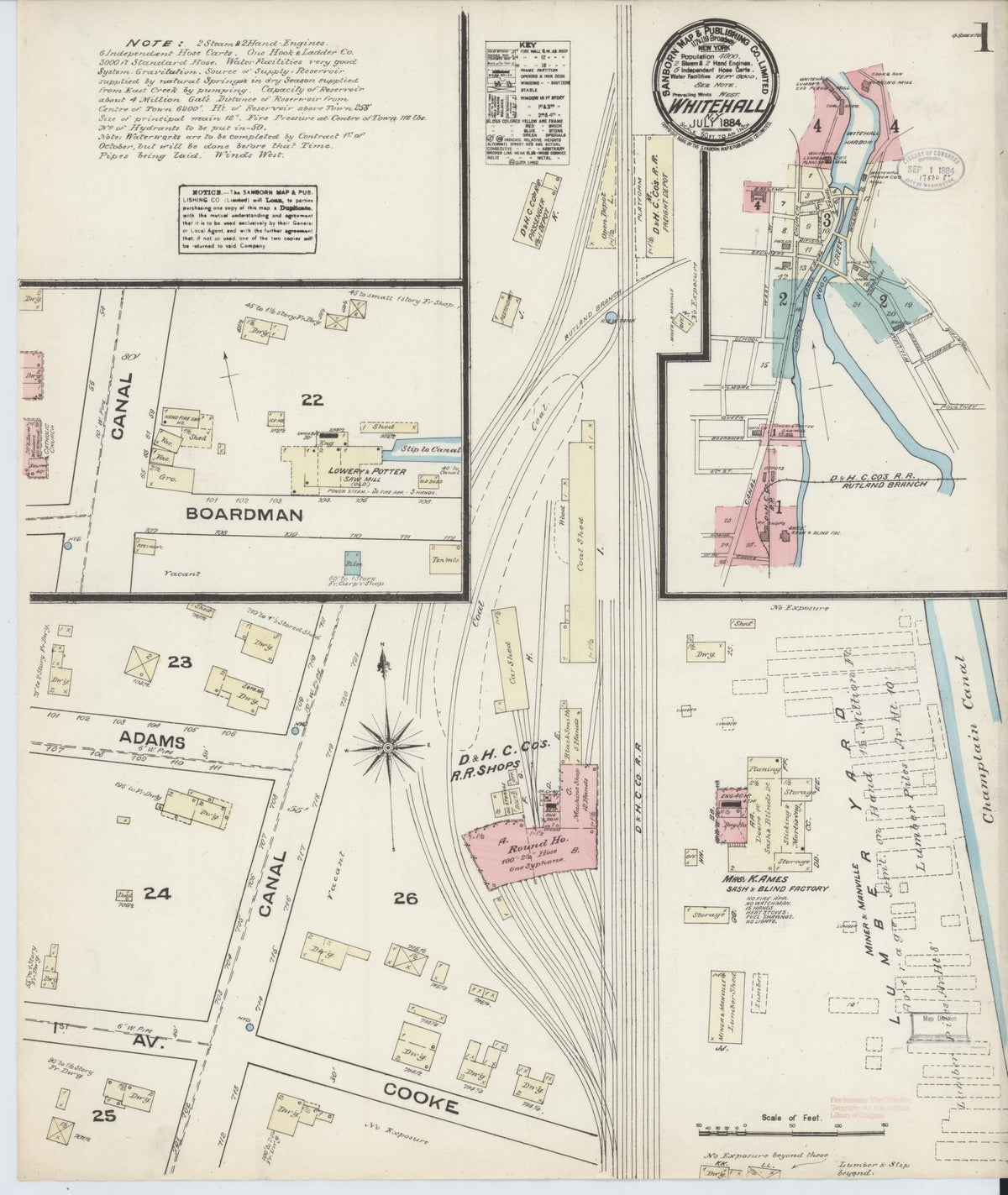 Sanborn Fire Insurance Map from Whitehall, Washington County, New York (1884), Sheet #0001 - Complete Map Set gallery image, historic Sanborn map, vintage wall art, New York New York