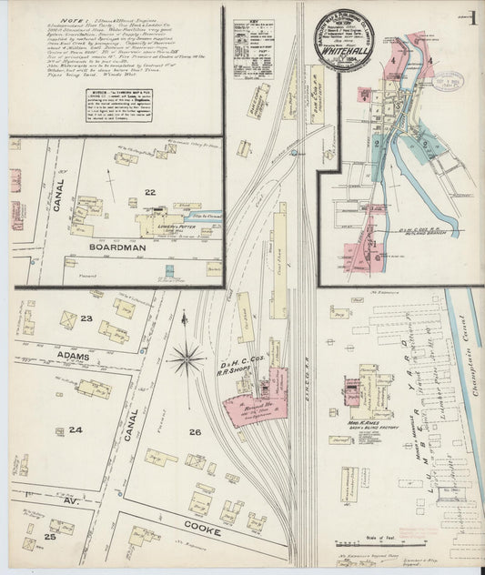 Sanborn Fire Insurance Map from Whitehall, Washington County, New York (1884), Sheet #0001 - Complete Map Set gallery image, historic Sanborn map, vintage wall art, New York New York
