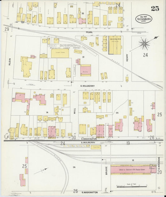 Sanborn Fire Insurance Map from Vicksburg, Warren County, Mississippi (1907), Sheet #0025 - Historic Sanborn Fire Insurance Map Print, vintage old map wall art, antique decor, genealogy gift, Mississippi Mississippi map