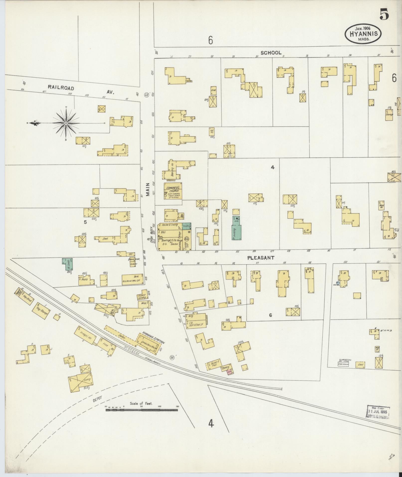 Sanborn Fire Insurance Map from Hyannis, Barnstable County, Massachusetts (1906), Sheet #0005 - Complete Map Set gallery image, historic Sanborn map, vintage wall art, Massachusetts Massachusetts