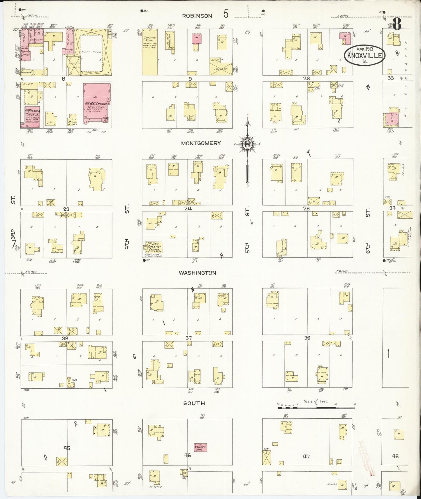 Sanborn Fire Insurance Map from Knoxville, Marion County, Iowa (1913), Sheet #0008 - Historic Sanborn Fire Insurance Map Print, vintage old map wall art