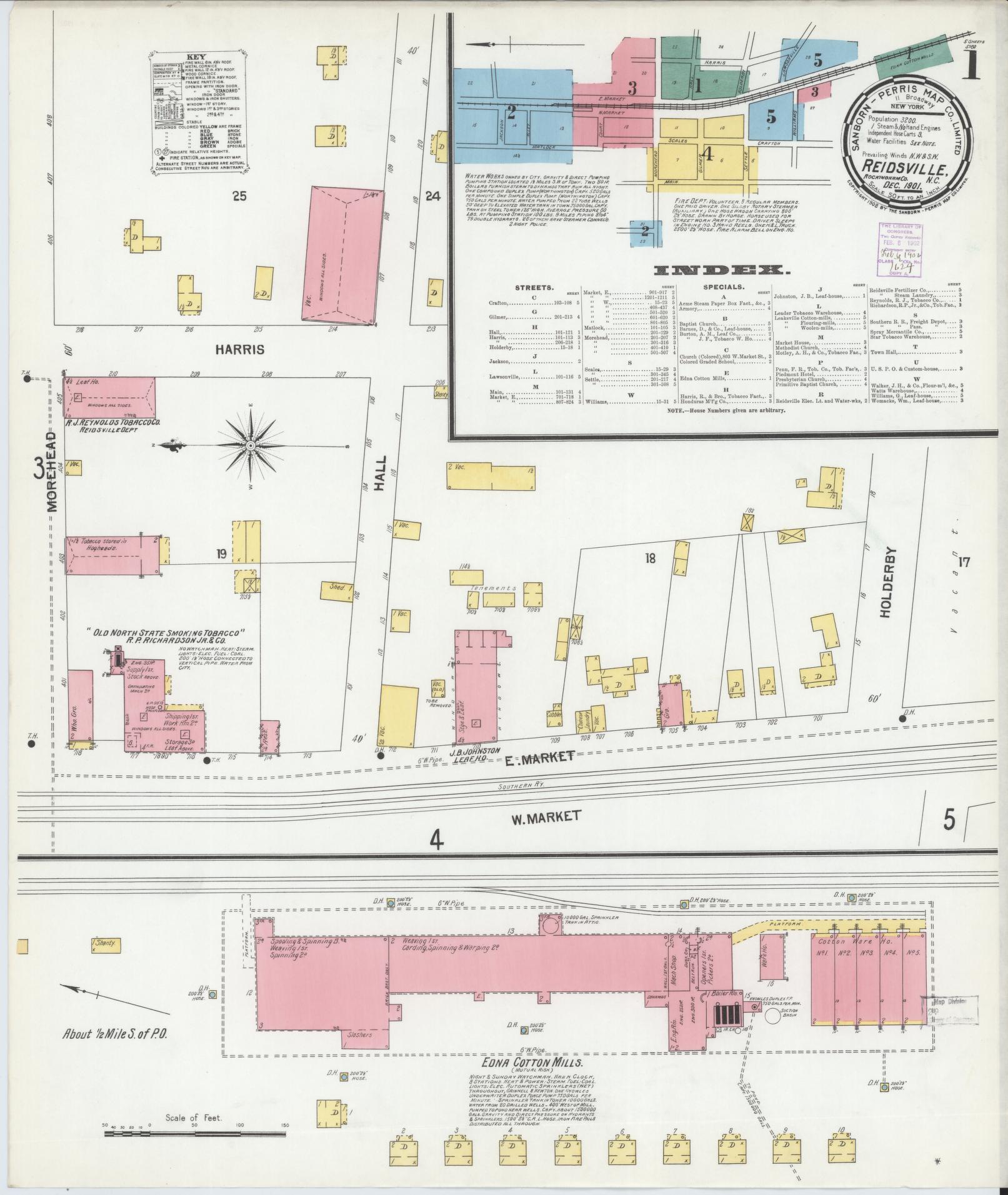 Sanborn Fire Insurance Map from Reidsville, Rockingham County, North Carolina (1901), Sheet #0001 - Complete Map Set gallery image, historic Sanborn map, vintage wall art, North Carolina North Carolina