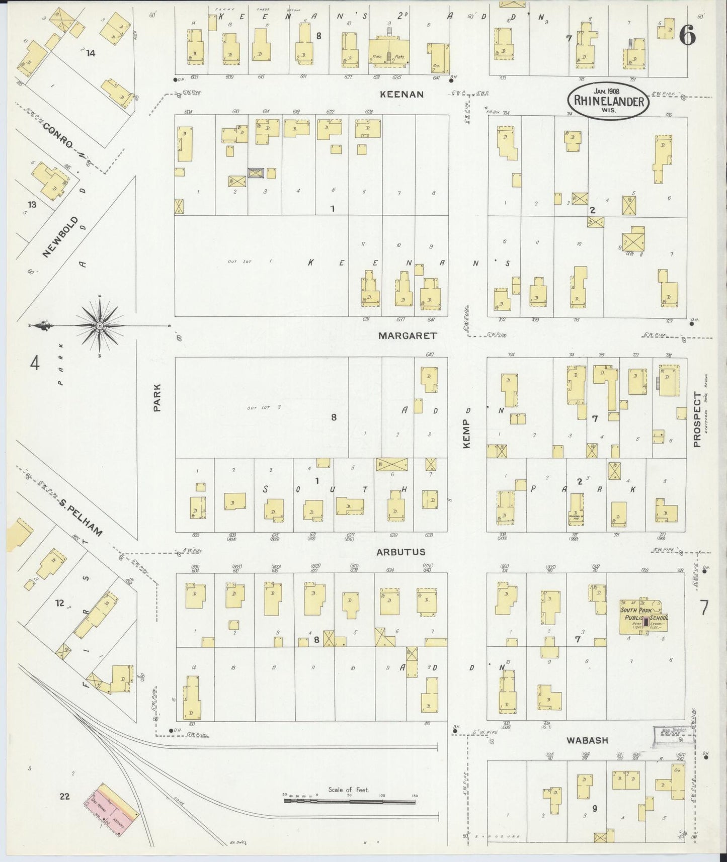 Sanborn Fire Insurance Map from Rhinelander, Oneida County, Wisconsin (1908), Sheet #0006 - Historic Sanborn Fire Insurance Map Print, vintage old map wall art, antique decor, genealogy gift, Wisconsin Wisconsin map