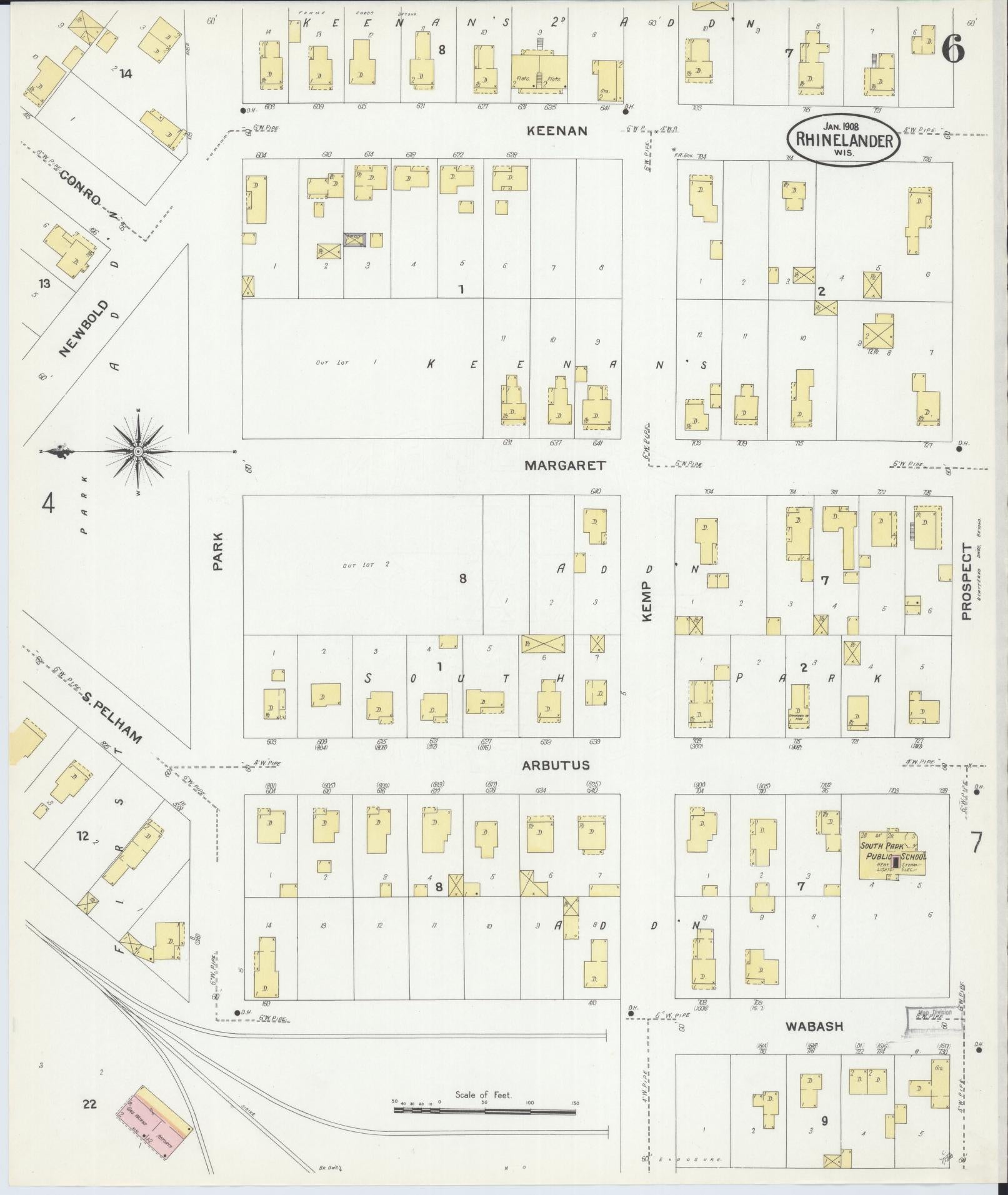 Sanborn Fire Insurance Map from Rhinelander, Oneida County, Wisconsin (1908), Sheet #0006 - Historic Sanborn Fire Insurance Map Print, vintage old map wall art, antique decor, genealogy gift, Wisconsin Wisconsin map